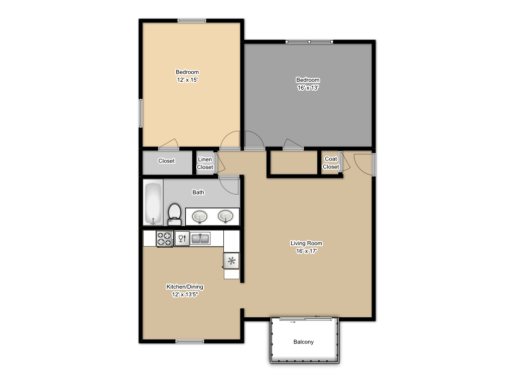 Floor plan for 2 beds, 1 bath, 1066 sqft